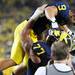 Michigan wide receiver Drew Dileo i slighted into the air by teammate offensive linesman Taylor Lewan after Michigan beat Notre Dame 41-30 at Michigan Stadium on Saturday, September 7, 2013. Michigan beat Notre Dame 41 - 30. Melanie Maxwell | AnnArbor.com